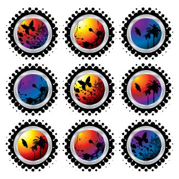 collection of nine brightly coloured buttons with halftone dots