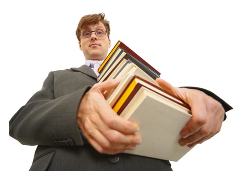 A young man with a pile of books in the hands