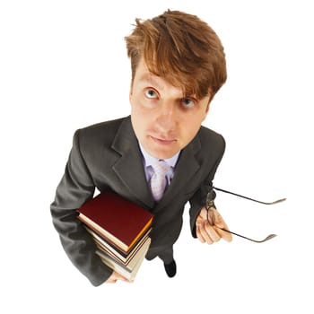 A schoolteacher with textbooks in hand on a white background
