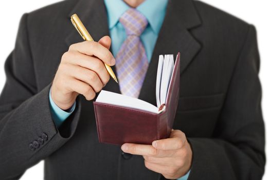 Business people record information in a notebook, isolated on white