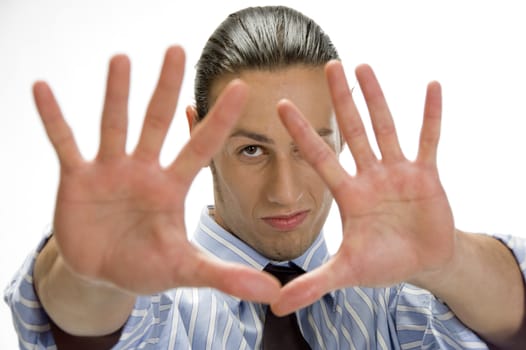 close up view of young man posing with open palms