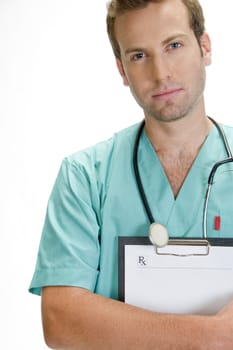 handsome doctor with stethoscope holding writing pad