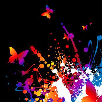 Abstract bright rainbow background with ink and butterflys