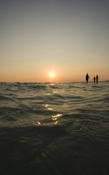 A unique "shark's" angle of a family walking on the beach at sunset.