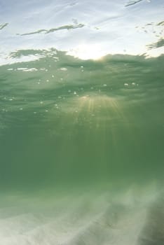 A view of the rippled ocean floor, the action on the surface, and the sky and golden sunset rays breaking through the water.  Sunrays centered.