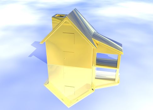Gold House Model on Blue-Sky Background with Reflection Concept First Place Success and Achievement