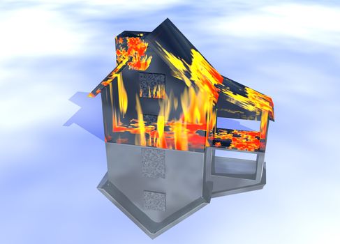 Black Oily Home on Fire House Model with Reflection Concept For Risk or Property Insurance Protection