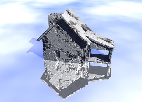 Concrete Grey Gray House Model on Blue-Sky Background with Reflection Concept Poor or Damaged Home At Rish
