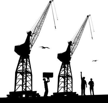 Silhouette of harbour workers and port cranes