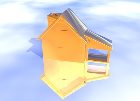 Bronze House Model on Blue-Sky Background with Reflection Concept Ambition or Progress