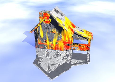Red Home on Fire House Model with Reflection Concept For Risk or Property Insurance Protection