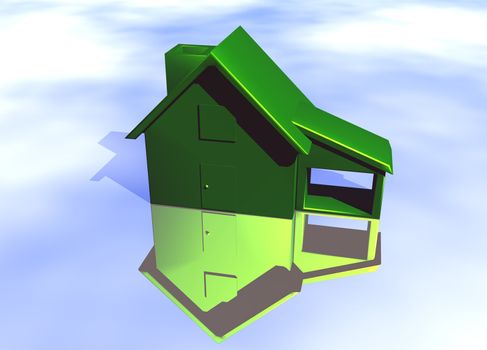 Green House Model on Blue-Sky Background with Reflection Concept Eco Living