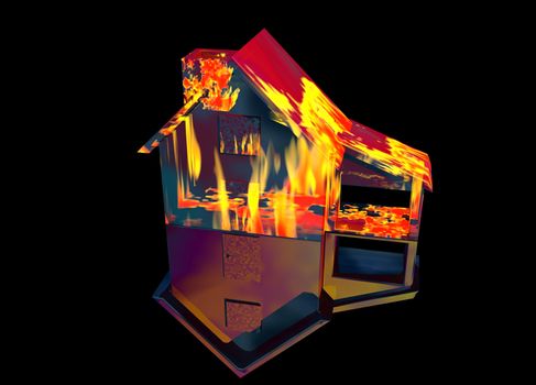 Red Home on Fire House Model with Reflection Concept For Risk or Property Insurance Protection on Black Background