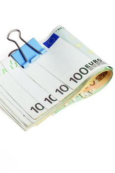 euro bills on a clip isolated on white background