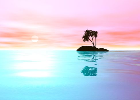 Romantic Pink Desert Island with Palm Tree Sillhouette against the Horizon