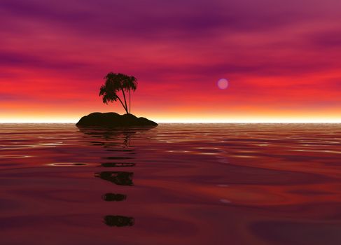 Romantic Desert Island with Palm Tree Silhouette against the Red Horizon