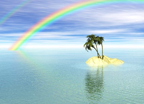 Romantic Desert Island with Palm Tree and Rainbow against the Horizon