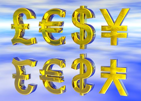 Euro Pound Dollar and Yen Symbols in Gold with Reflection