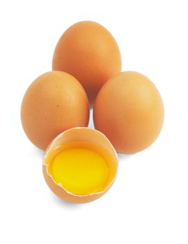 four eggs,one open ;isolated on white background