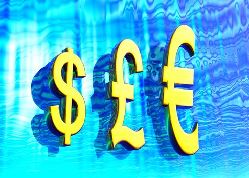 Euro Pound Dollar Symbols in Gold with Reflection in Graph Chart Format Comparing