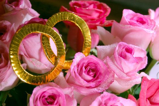 Wedding concept with roses and golden decorative rings