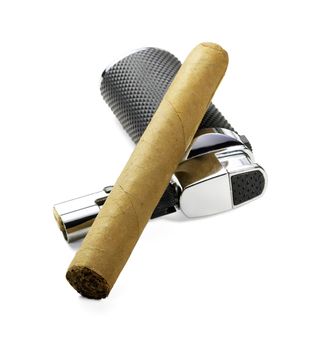 cuban cigar and lighter isolated over white background