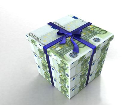 three dimensional gift box opened with 100 euro bills  on an isolated white background