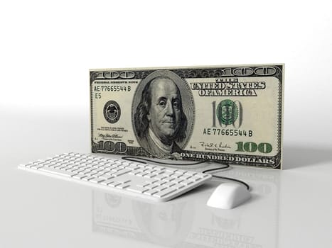 isolated three dimensional computer with 100 dollar bill