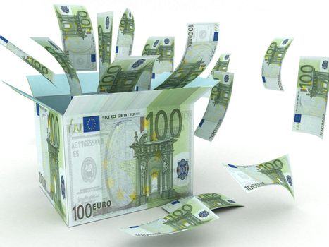 three dimensional gift box opened with 100 euro bills flying in the air on an isolated white background

