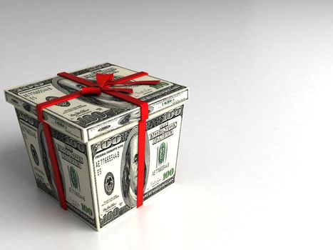 three dimensional gift box wrapped with 100 dollar bills on an isolated white background