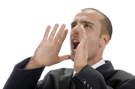 frustrated businessman shouting with white background