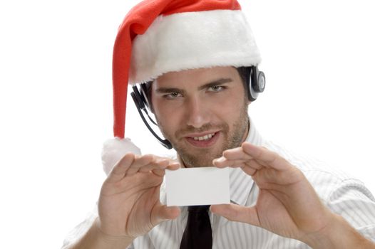 santa man showing his visiting card with white background