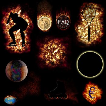 Fire objects cloud, Euro, skater shoe, corona, volleyball, football, racket, coin, ice skater, FAQ, cloud