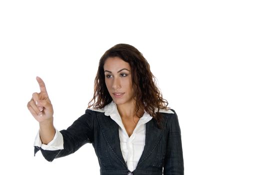 lady pointing out something against white background