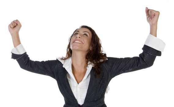 woman with raising hands  on an isolated background