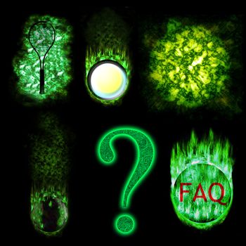 green burning question mark, FAQ, ball, cloud, racket, icon