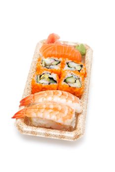 Different kinds of sushi on a box