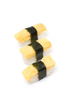 A delicious egg omelette nigiri on white