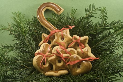 A pile of gingerbread cookies nestled in nest of fir branches and isolated on green paper