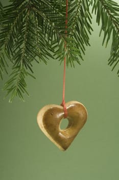 Heart shaped gingerbread cookie hanging by ribbon and isolated against green paper
