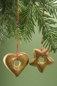 Two gingerbread cookies hanging under fir branch and isolated against green paper