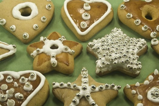 Close-up of a variety of decorated cookies