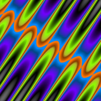 An abstract image with stripes done in shades of orange, green, blue, and purple.