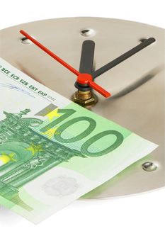 euro bill on a metal wall clock on white background