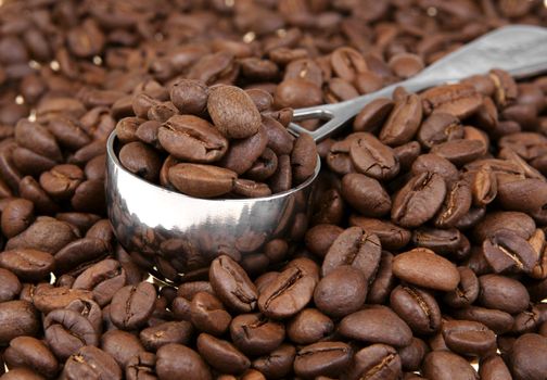 Coffe beans with spoon close-up