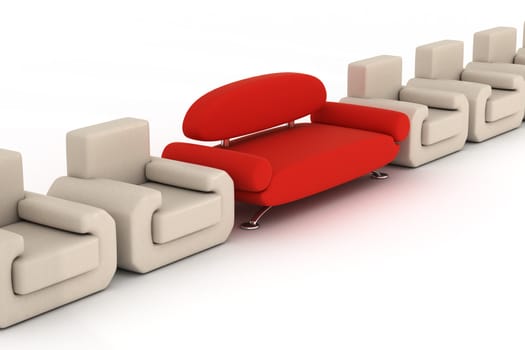 Row armchairs and red sofa on a white background. 3D image.