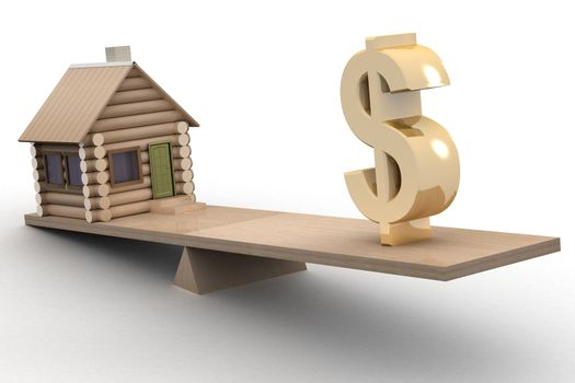 house and dollar on scales. 3D image.