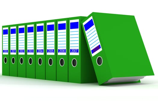 Row of green folders with documents on a white background