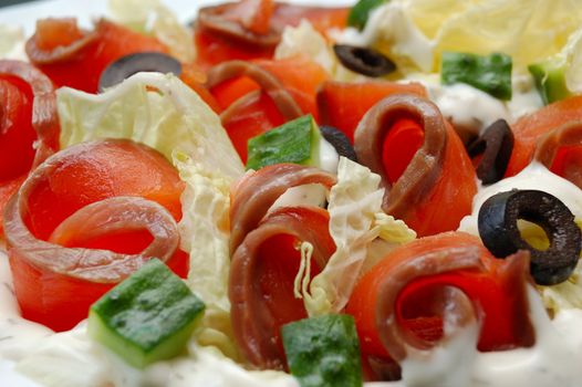 closeup of delicious salmon salad 
