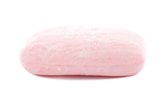 pink toilet soap with foam, isolated on white